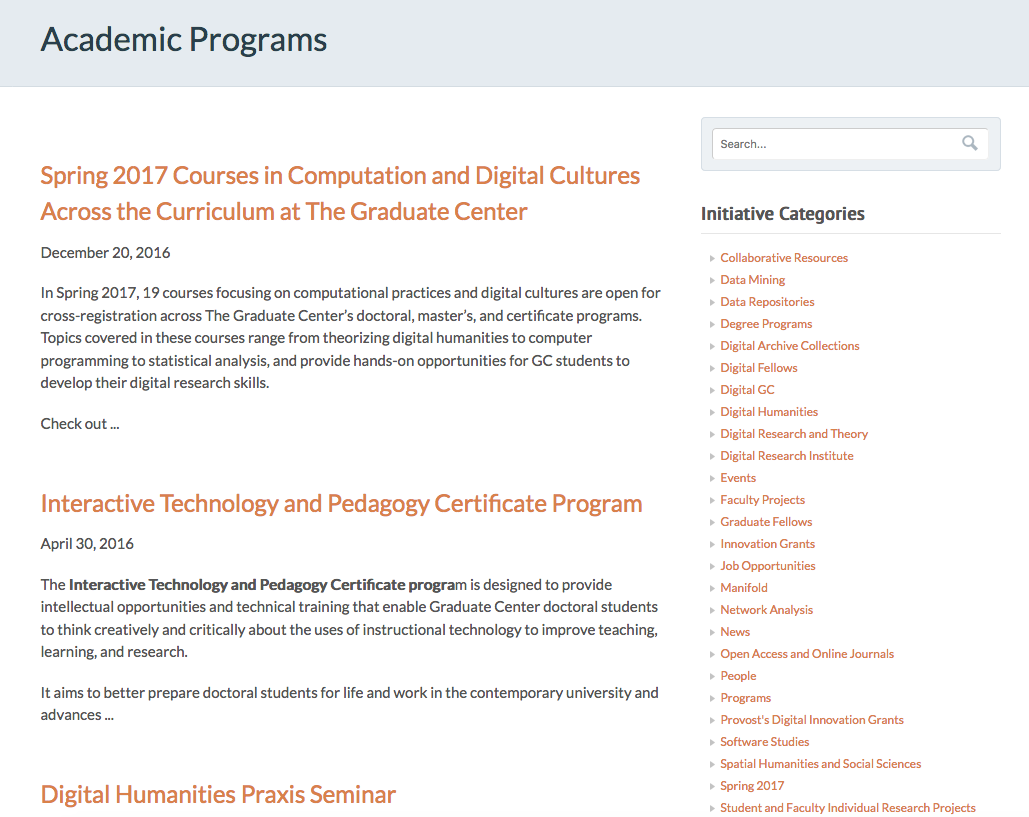 screenshot of academic programs page with some formatting specified in the shortcode