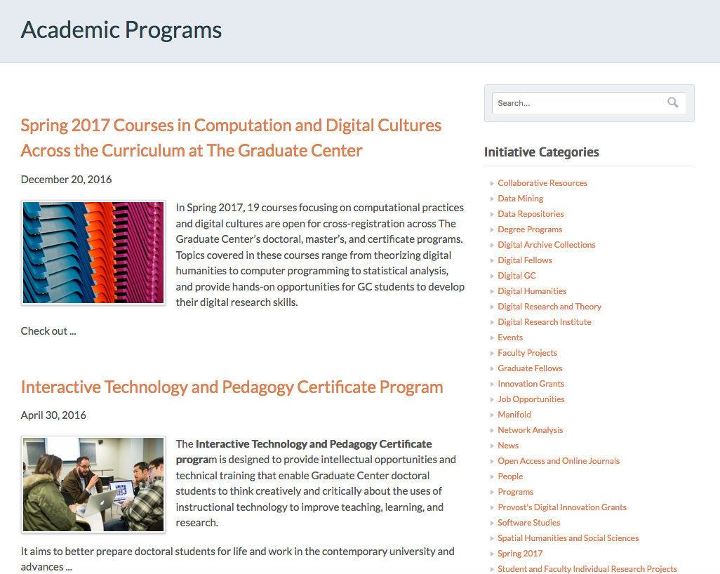 screenshot of academic programs page with thumbnails styled using CSS class