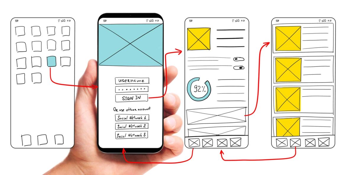 Illustration of UX designs for a smartphone app. The illustration shows sketches of different screens in the app.