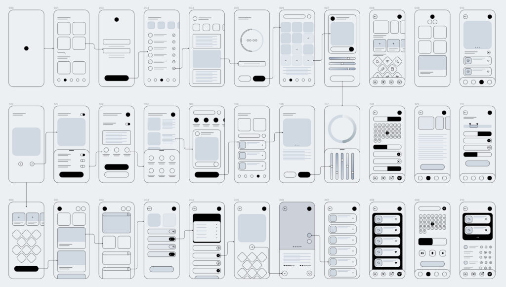 Sample wireframes created for a generic smartphone app. Plans for different screens are created showing different arrangements of content and interactive features.
