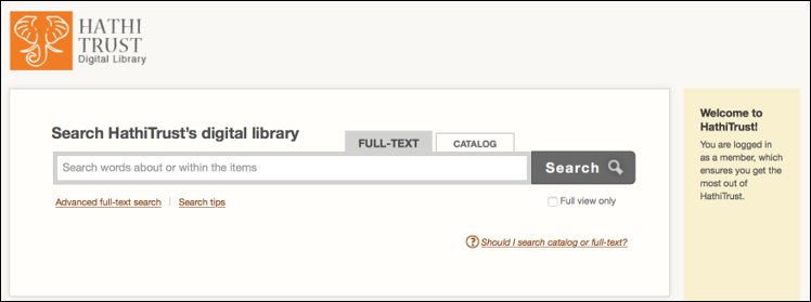 Screenshot of the HathiTrust search interface.