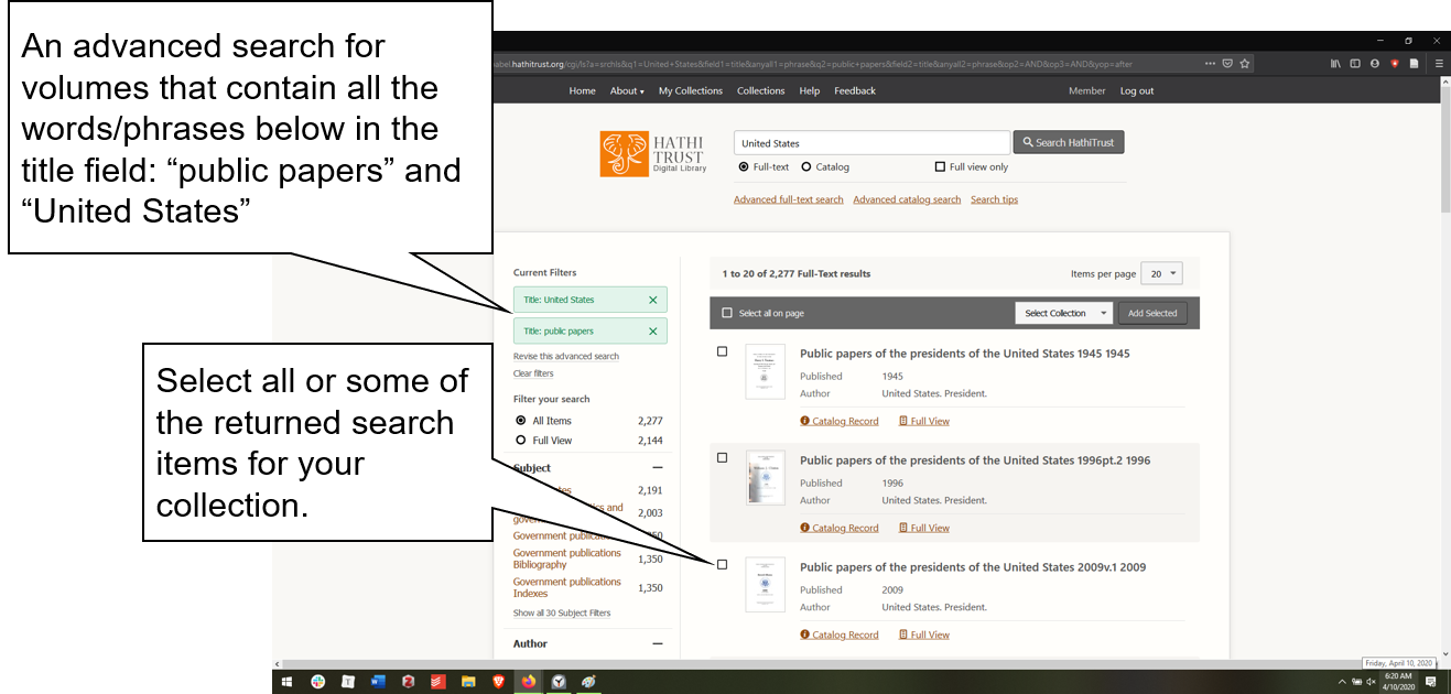 Screenshot of the HathiTrust Digital Library search results page, with indicators for refining search results.