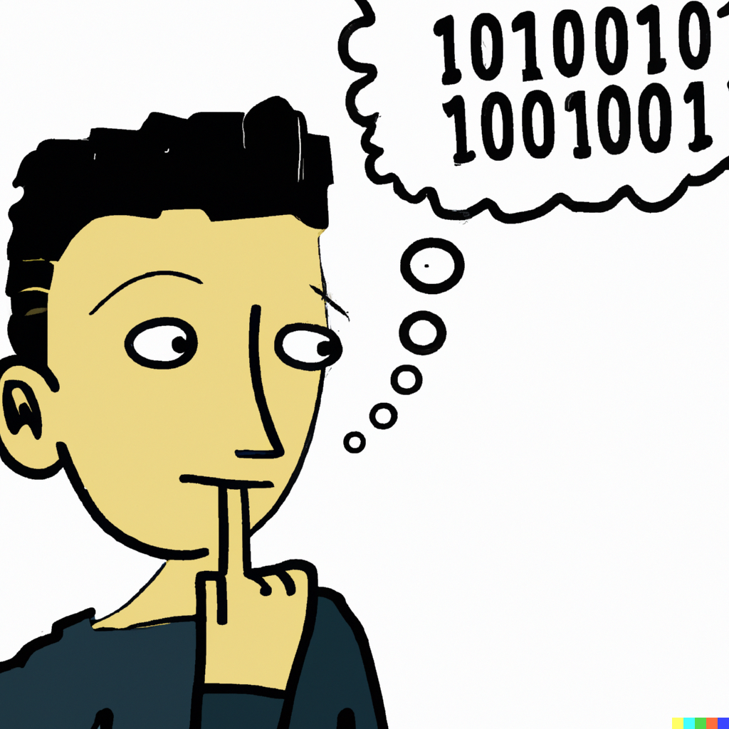 DALL·E 2023-11-28 19.33.30 - a cartoon with a man thinking (in a speech bubble) with a string of 1s and 0s inside (as in binary code)