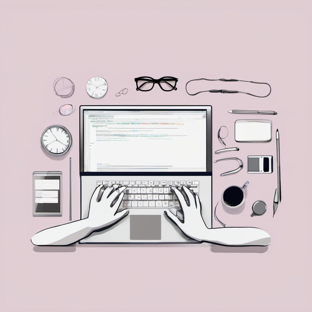 image of laptop, sourounded by glasses, clocks, coffee, and hands typing on the keyboard.
