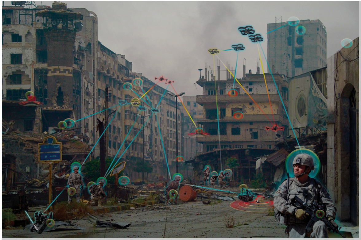 A person in a military uniform in a destroyed city with drones hovering overhead.